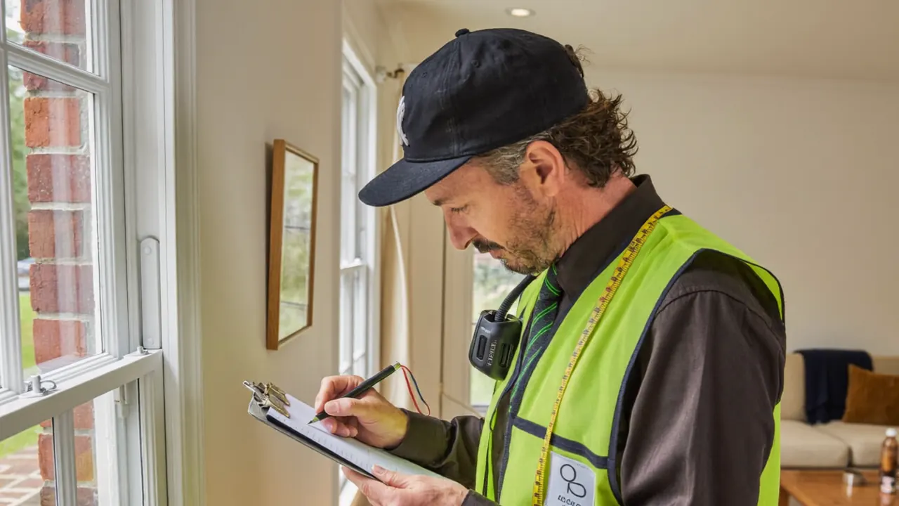 Building control surveyor inspecting new replacement windows on a UK home