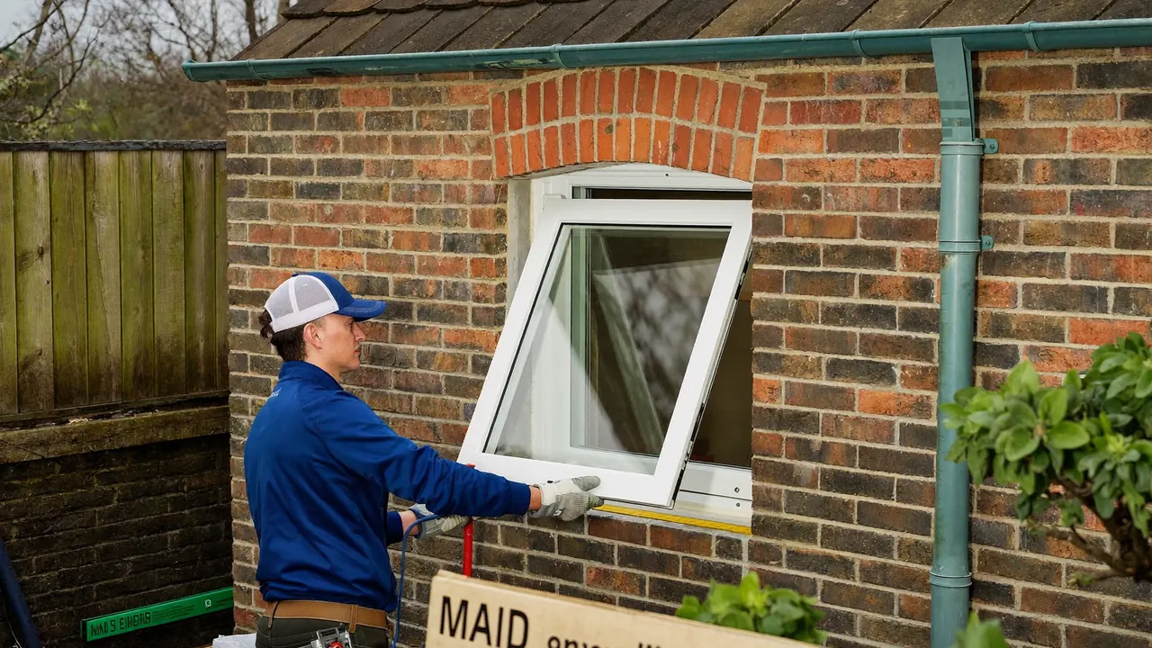 Installer fitting a double glazed window into a UK home