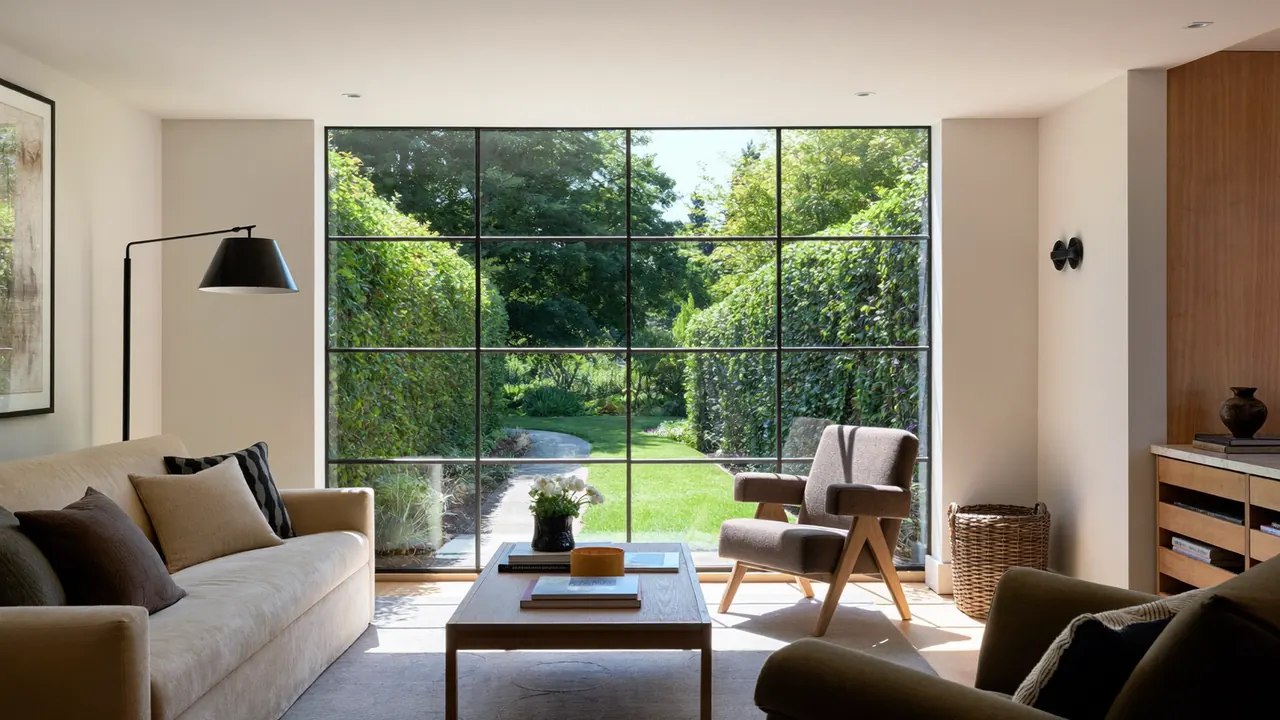 Large double glazed picture window in a bright UK living room