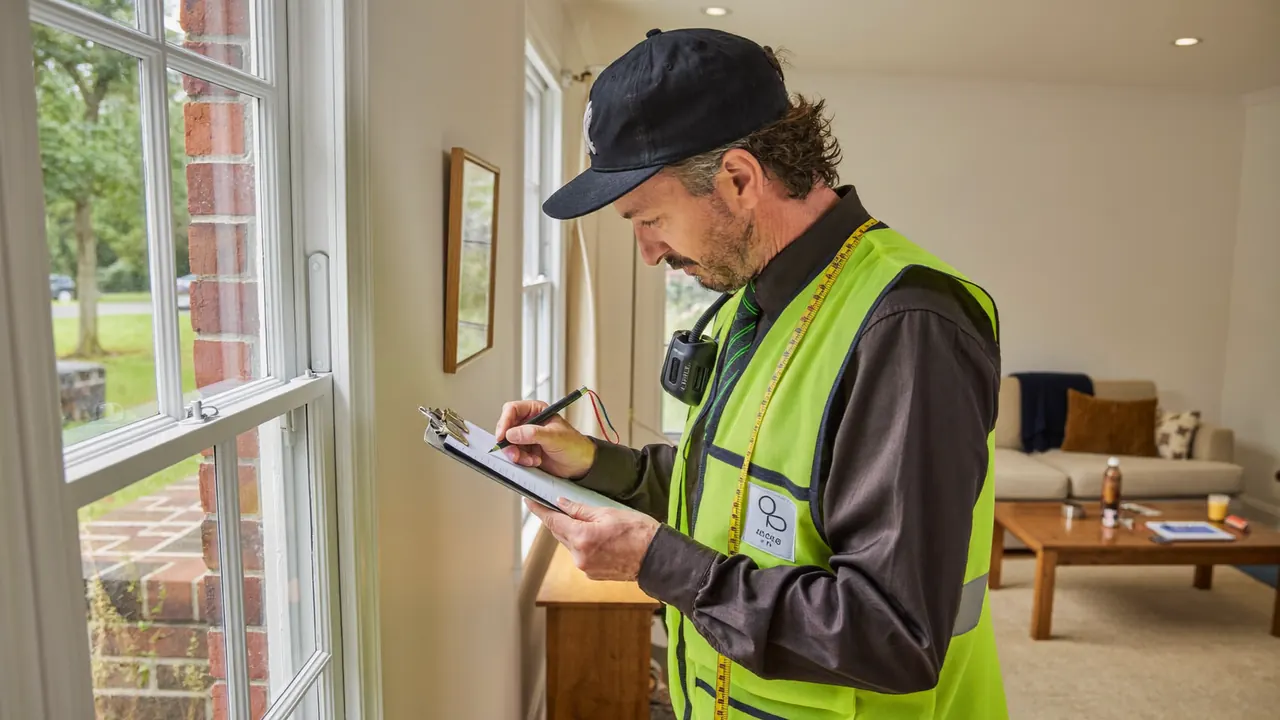 Surveyor checking a window with a clipboard during a home survey