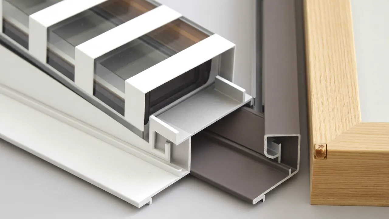 uPVC, aluminium and timber window frame samples arranged in a row